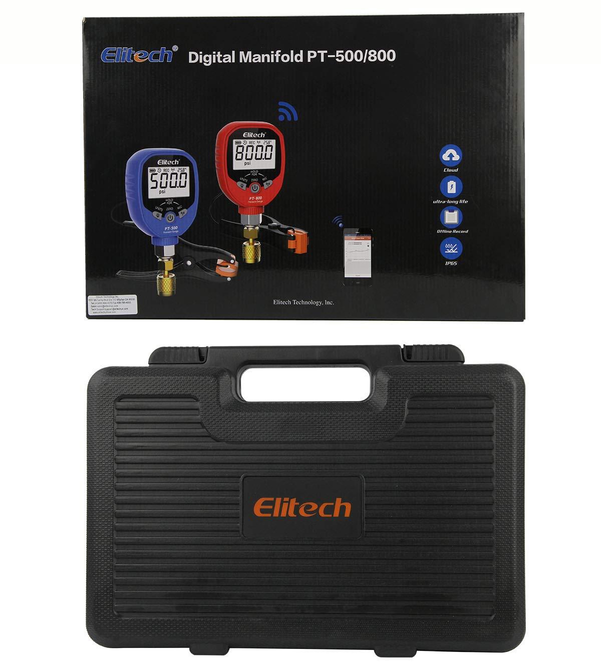 Elitech PT-500&PT-800 Wireless Refrigeration Digital Manifold Gauge Set HVAC A/C Pressure Temperature Gauge with Demountable Temperature Test Clip 1/8 NPT - Elitechustore