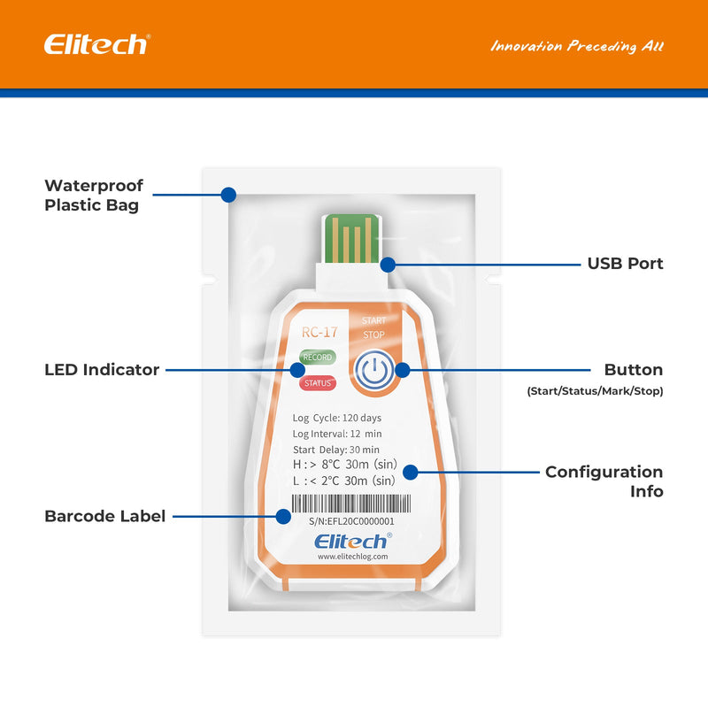 Elitech RC-17 Disposable Single-Use Temperature Recorder Data Logger USB PDF Report 2-Color Indicator - Elitech Technology, Inc.