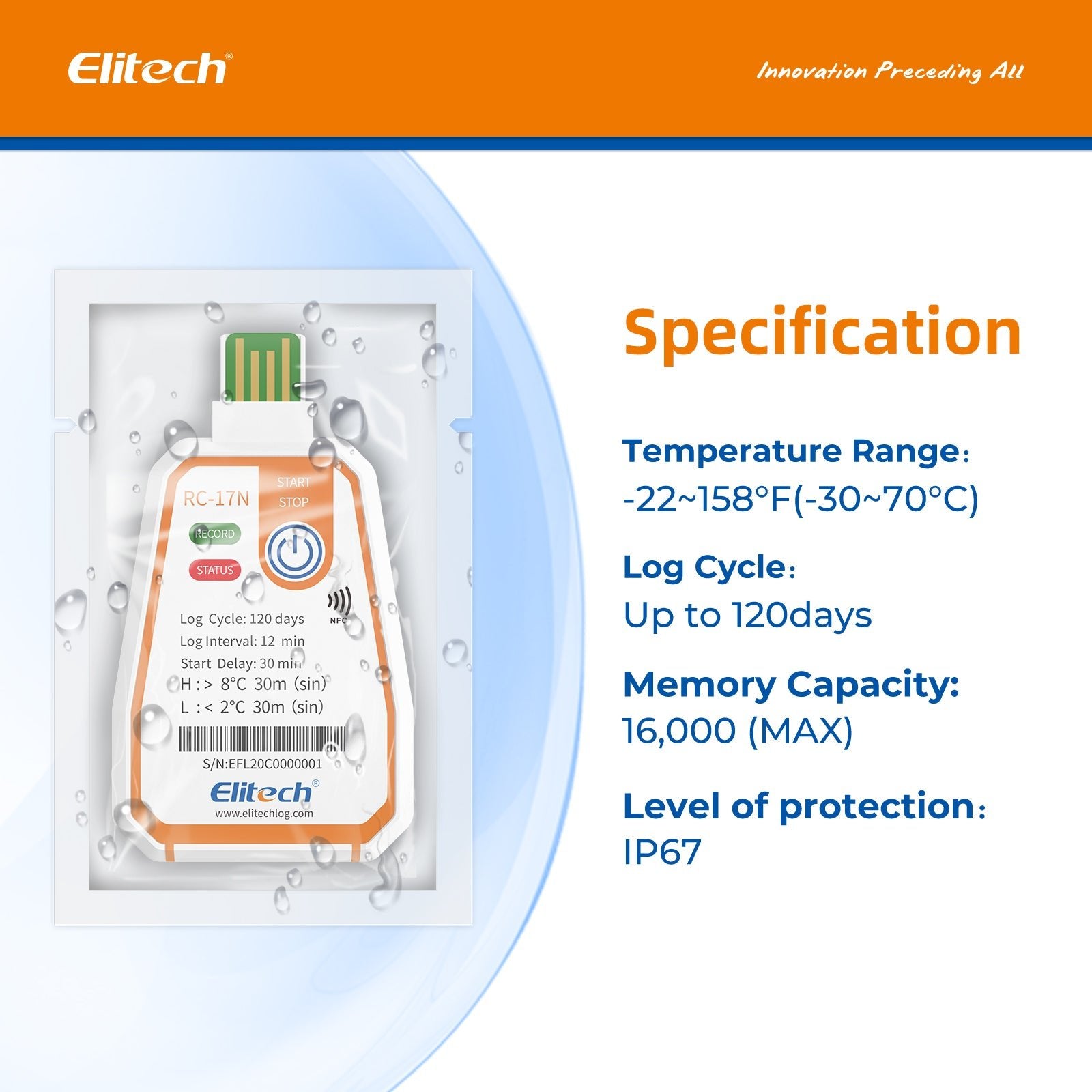 Elitech RC-17N Disposable Single-Use NFC Temperature Recorder Data Logger USB PDF Report 2-Color Indicator - Elitech Technology, Inc.
