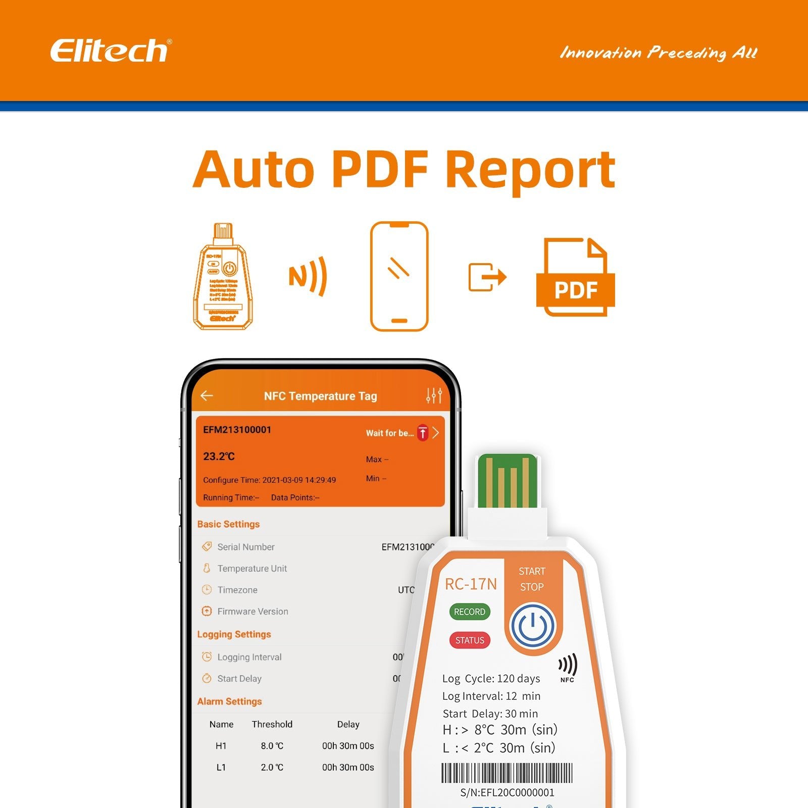 Elitech RC-17N Disposable Single-Use NFC Temperature Recorder Data Logger USB PDF Report 2-Color Indicator - Elitech Technology, Inc.