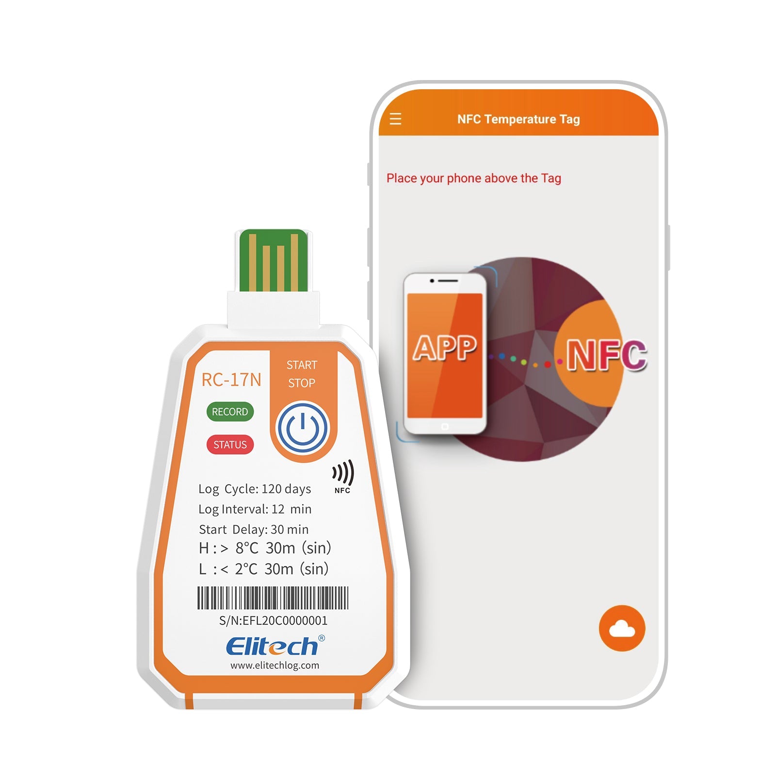 Elitech RC-17N Disposable Single-Use NFC Temperature Recorder Data Logger USB PDF Report 2-Color Indicator - Elitech Technology, Inc.