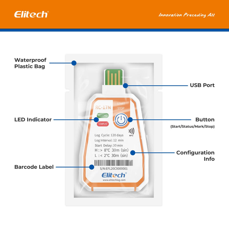 Elitech RC-17N Disposable Single-Use NFC Temperature Recorder Data Logger USB PDF Report 2-Color Indicator - Elitech Technology, Inc.