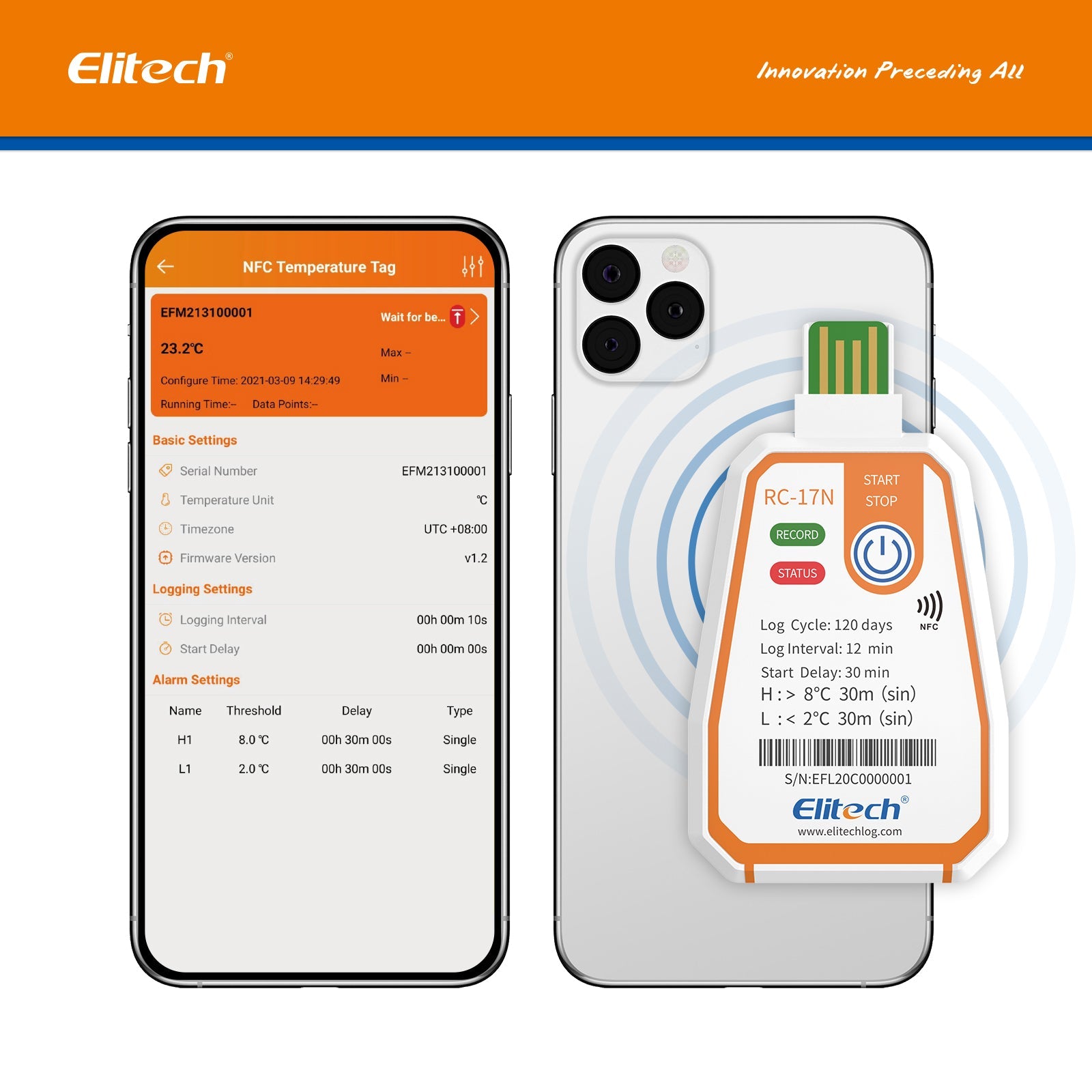 Elitech RC-17N Disposable Single-Use NFC Temperature Recorder Data Logger USB PDF Report 2-Color Indicator - Elitech Technology, Inc.
