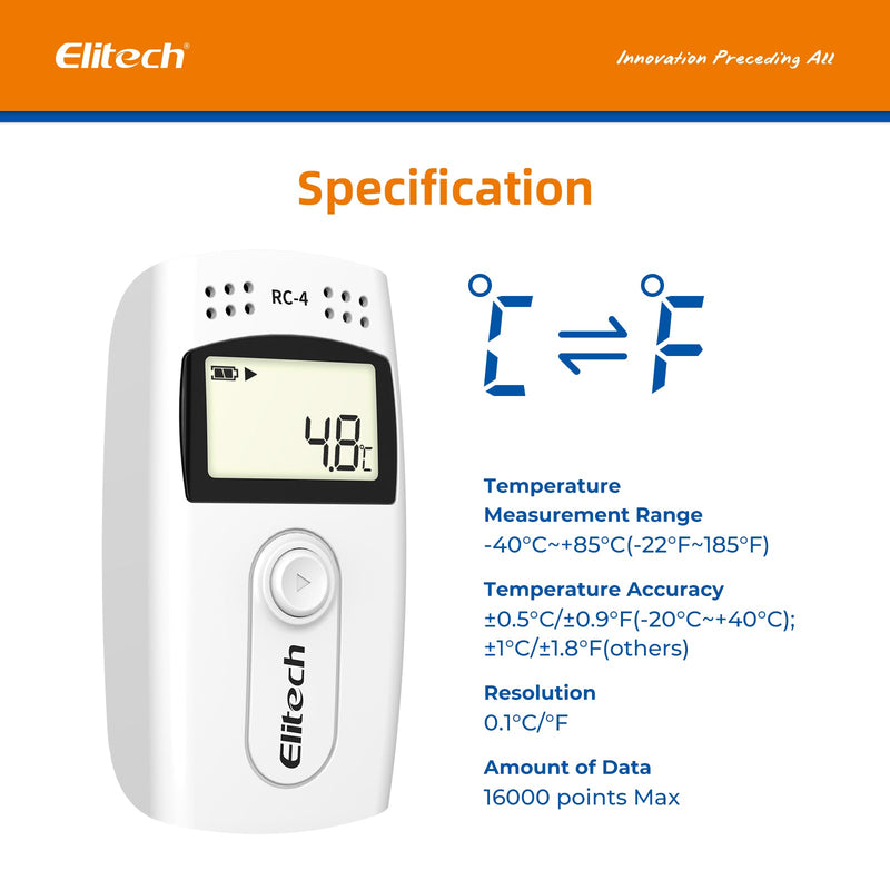 Elitech RC-4 Temperature Data Logger with External Temp Sensor Audio Alarm - Elitech Technology, Inc.