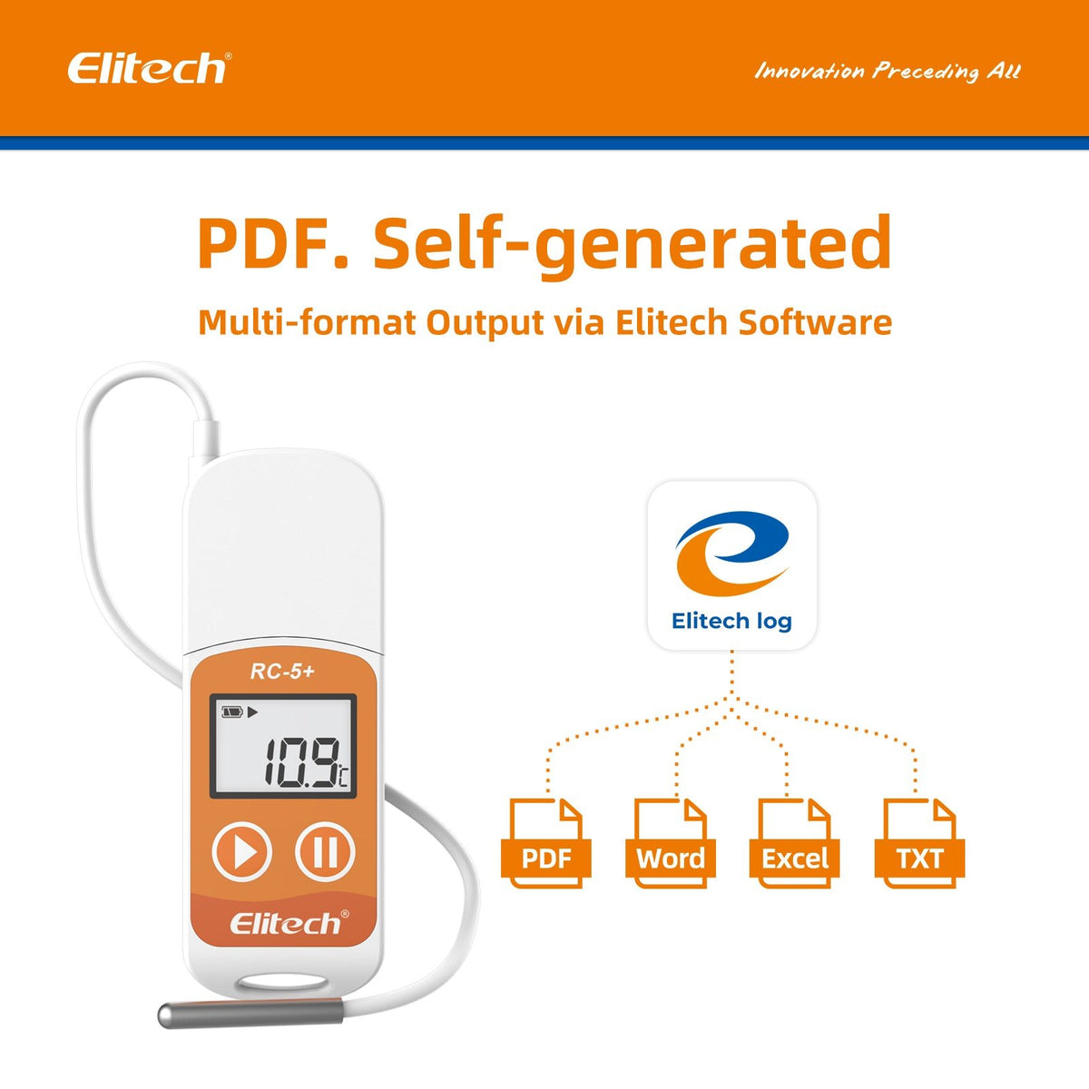 Elitech RC-5+ TE PDF USB Reusable Temperature Data Logger Internal Sensor External Probe -22℉~158℉ - Elitech Technology, Inc.