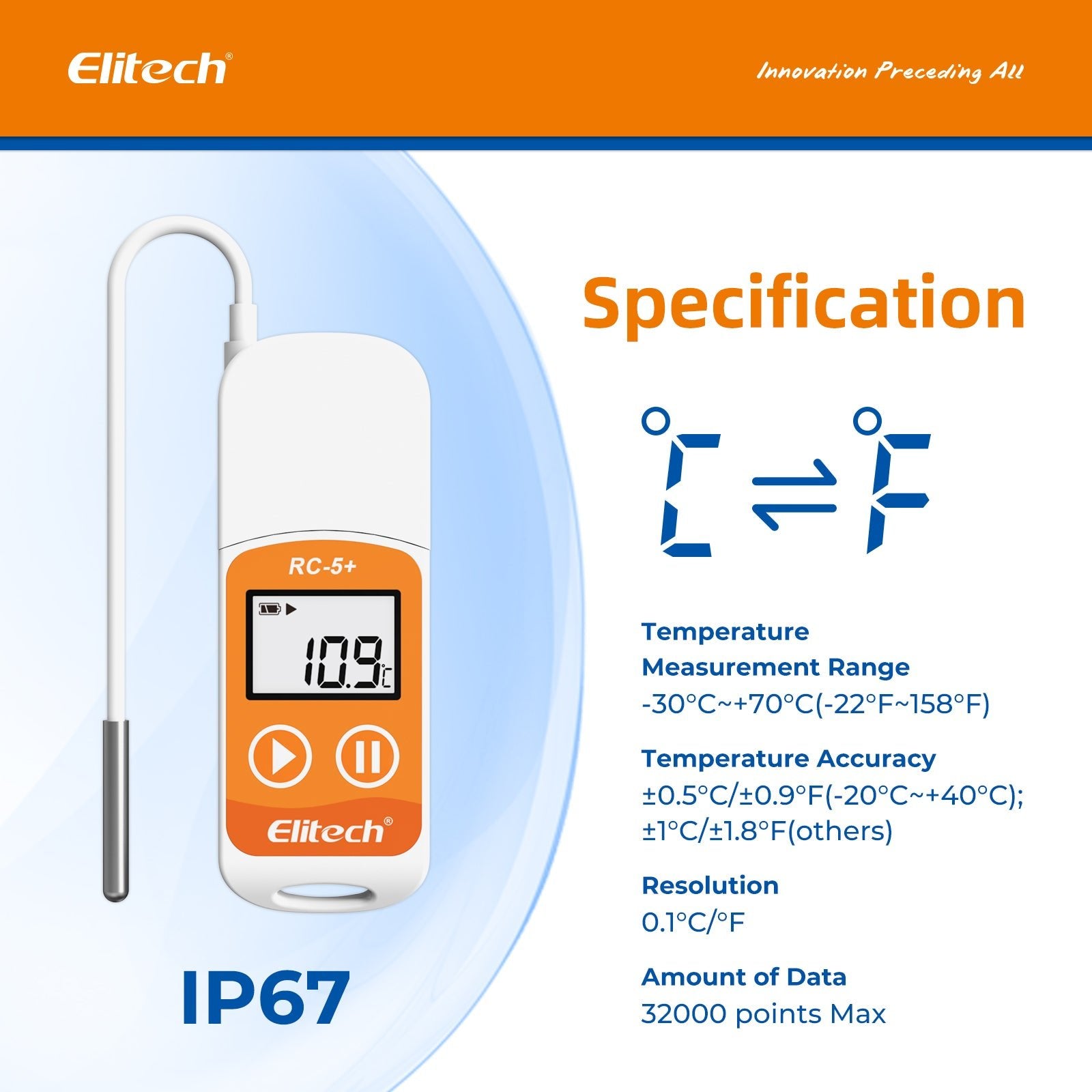 Elitech RC-5+ TE PDF USB Reusable Temperature Data Logger Internal Sensor External Probe -22℉~158℉ - Elitech Technology, Inc.