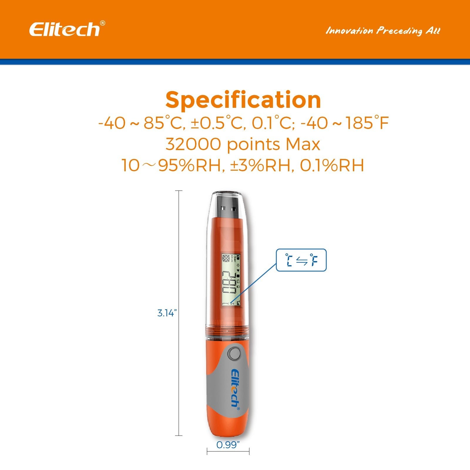 Elitech RC-51H USB Temperature and Humidity Data Logger Pen-styled Auto PDF 32000 Points - Elitech Technology, Inc.