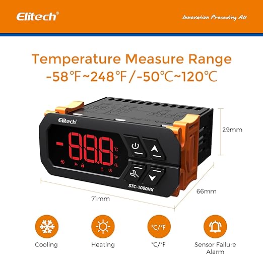Elitech STC-1000HX Temperature Controller ℉⇋℃ Fahrenheit Celsius Switchable Origin Digital 110V Thermostat 2 Relays Upgraded from STC-1000 New Panel 30% Larger - Elitech Technology, Inc.