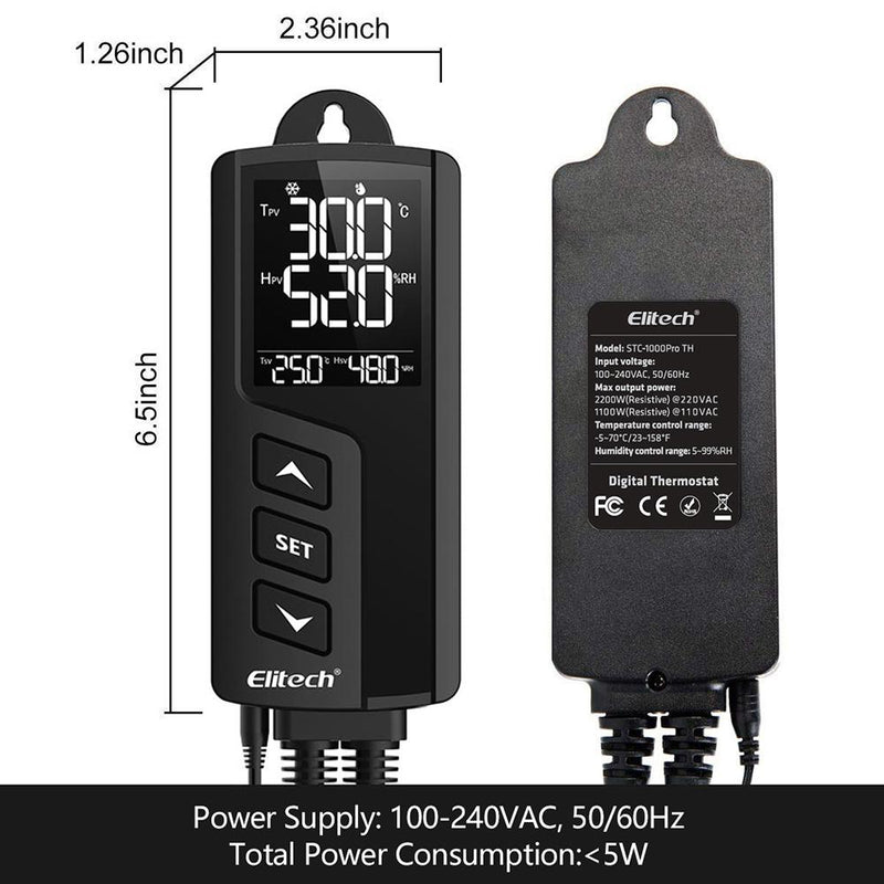 Elitech STC-1000Pro TH Digital Temperature and Humidity Controller Thermostat 2 Pre-Wired Heating and Cooling Outlets Terrarium Homebrew Fermentation Breeding 110-240V 10A 1200W - Elitech Technology, Inc.