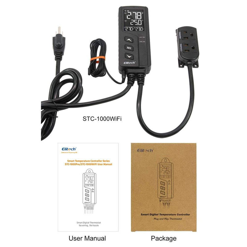 Elitech STC-1000WiFi Digital Temperature Controller Wireless Thermostat US Socket Heating and Cooling Outlets Centigrade/Fahrenheit LCD Display, Plug Sensor, 49℉-239℉ 110V 100-250V 10A 1200W - Elitech Technology, Inc.