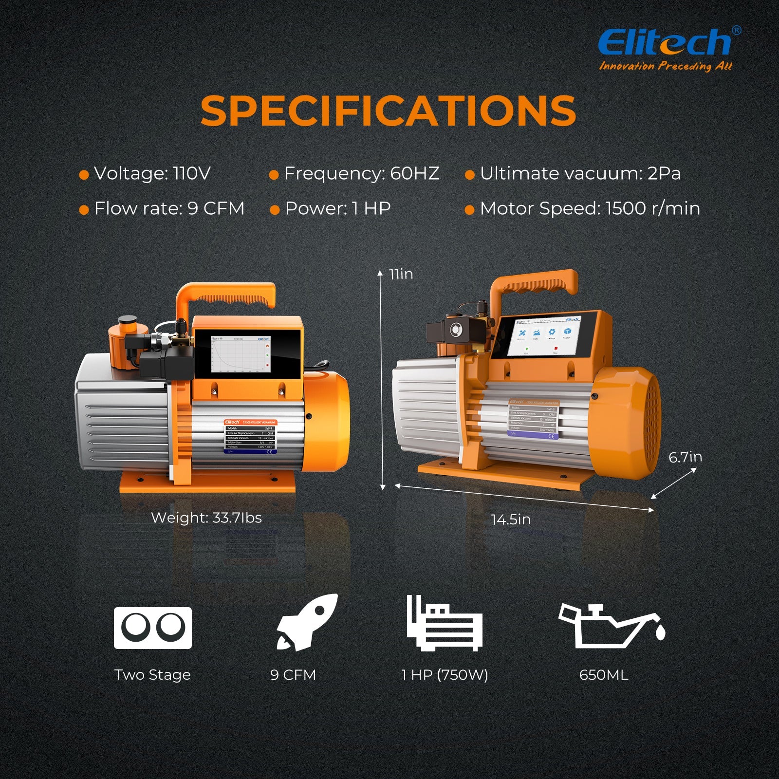 Elitech SVP-9 Intelligent 1HP Vacuum Pump 9 CFM 2 Stage HVAC Refrigerant Recharging, Touch Screen, Data Logging and Storage via App - Elitech Technology, Inc.