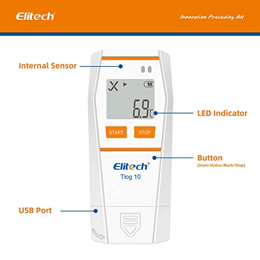 Elitech Tlog 10 Digital Temperature Data Logger Reusable Temperature Recorder PDF Report USB Port 32000 Points with Internal Temperature Probe - Elitech Technology, Inc.