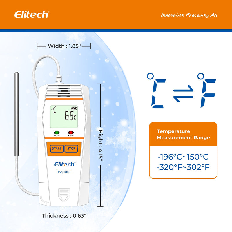 Elitech Tlog 100EL Ultra Low Data Logger Temperature Recorder Cold Chain Dry Ice PDF Report USB Port 32000 Points - Elitech Technology, Inc.