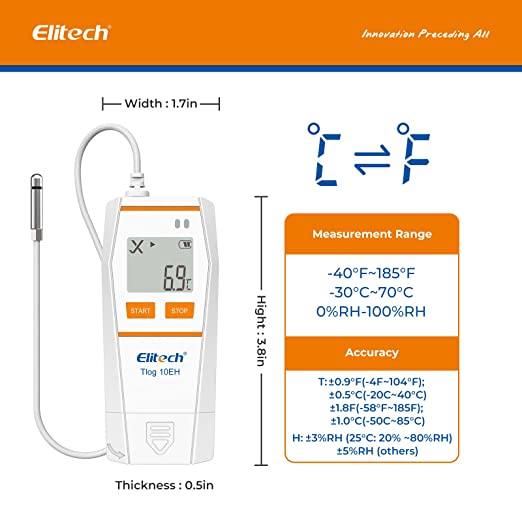 Elitech Tlog 10EH Digital Temperature Data Logger Reusable Temperature Recorder PDF Report USB Port 32000 Points with External Temperature & Humidity Probe - Elitech Technology, Inc.