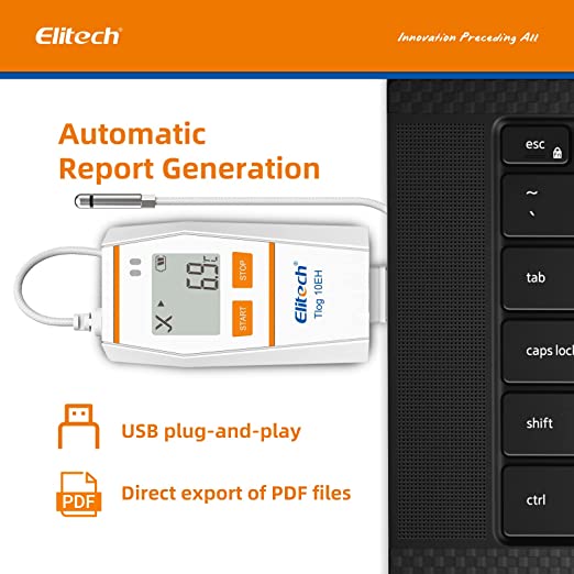 Elitech Tlog 10EH Digital Temperature Data Logger Reusable Temperature Recorder PDF Report USB Port 32000 Points with External Temperature & Humidity Probe - Elitech Technology, Inc.