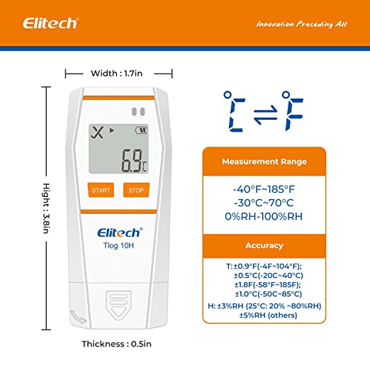 Elitech Tlog 10H Digital Temperature Data Logger Reusable Temperature Recorder PDF Report USB Port 32000 Points - Elitech Technology, Inc.