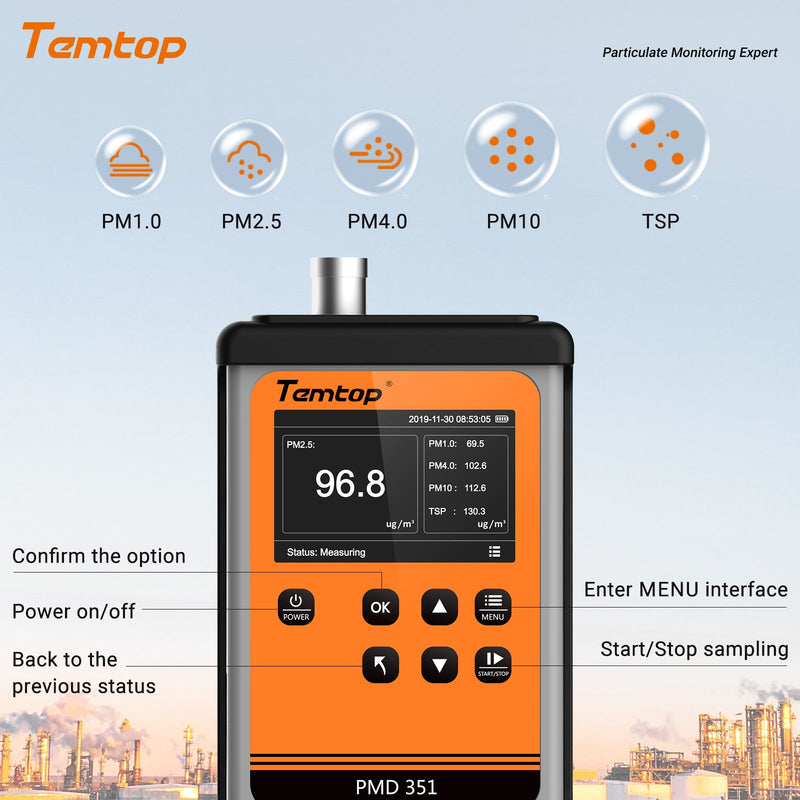 Temtop Handheld Particle Counter Particulate Meter for PM1.0/PM2.5/PM4.0/PM10/TSP PMD 351 - Elitech Technology, Inc.