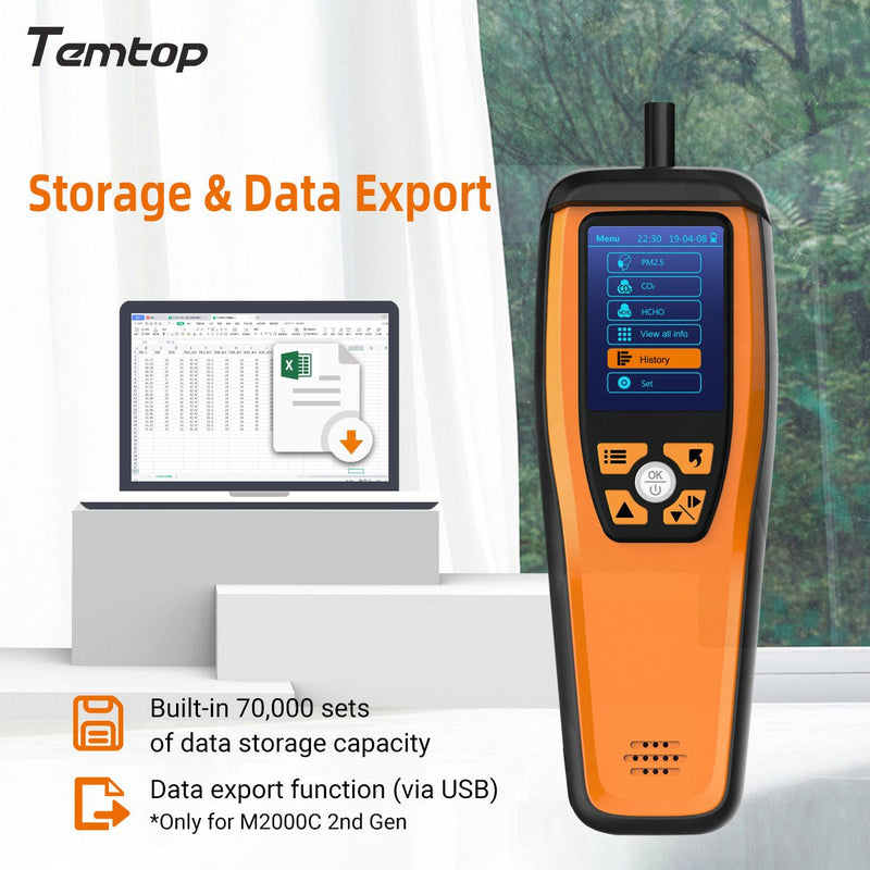 Temtop M2000C 2nd Generation Air Quality Monitor PM2.5 PM10 CO2 Data Export Audio Alarm Easy Calibration - Elitech Technology, Inc.